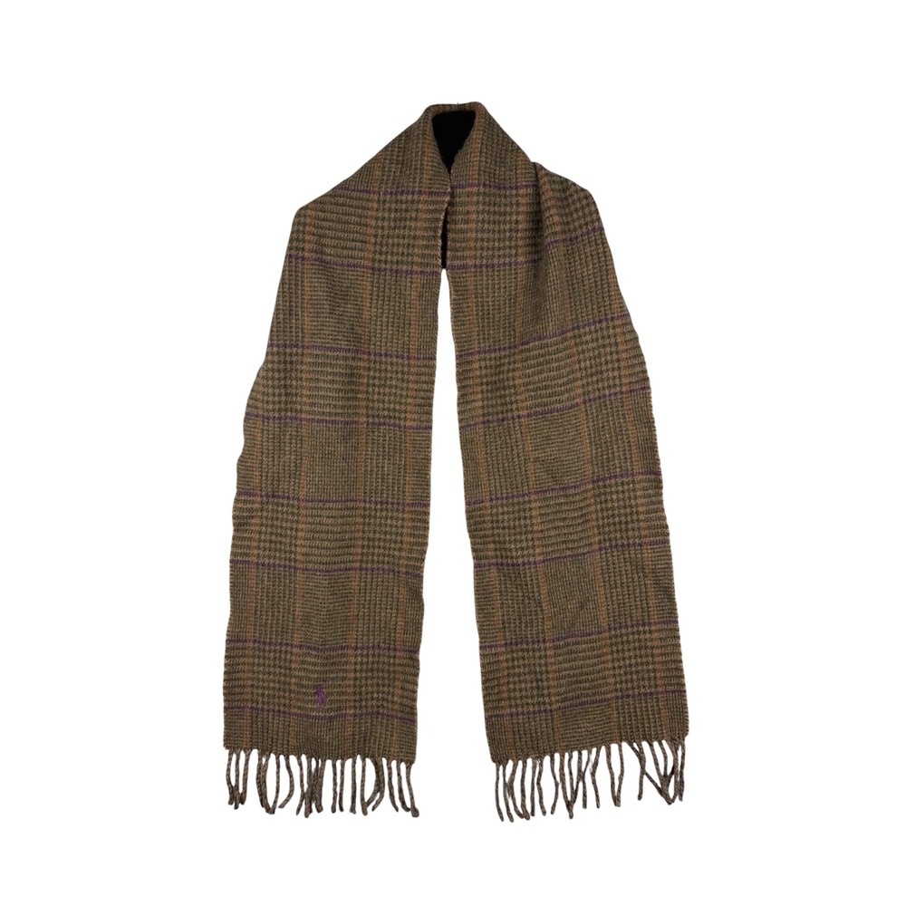 Polo Ralph Lauren Wool Blend Brown Plaid Check Herringbone w Finge 64x9